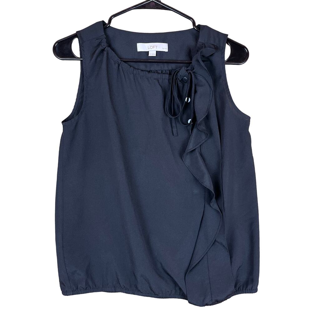 Ann Taylor LOFT Womens Blouse Black Ruffle Tie Front Sleeveless Petite Small